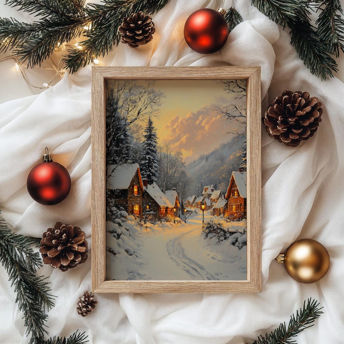 Snowy Village Square At Sunset With Warm Cabin Lights Winter Poster - Image 4