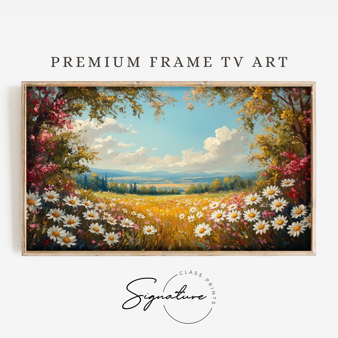 Wildflower Meadow Daisies Pink Blooms Tree Canopy Sunny Valley View Poster