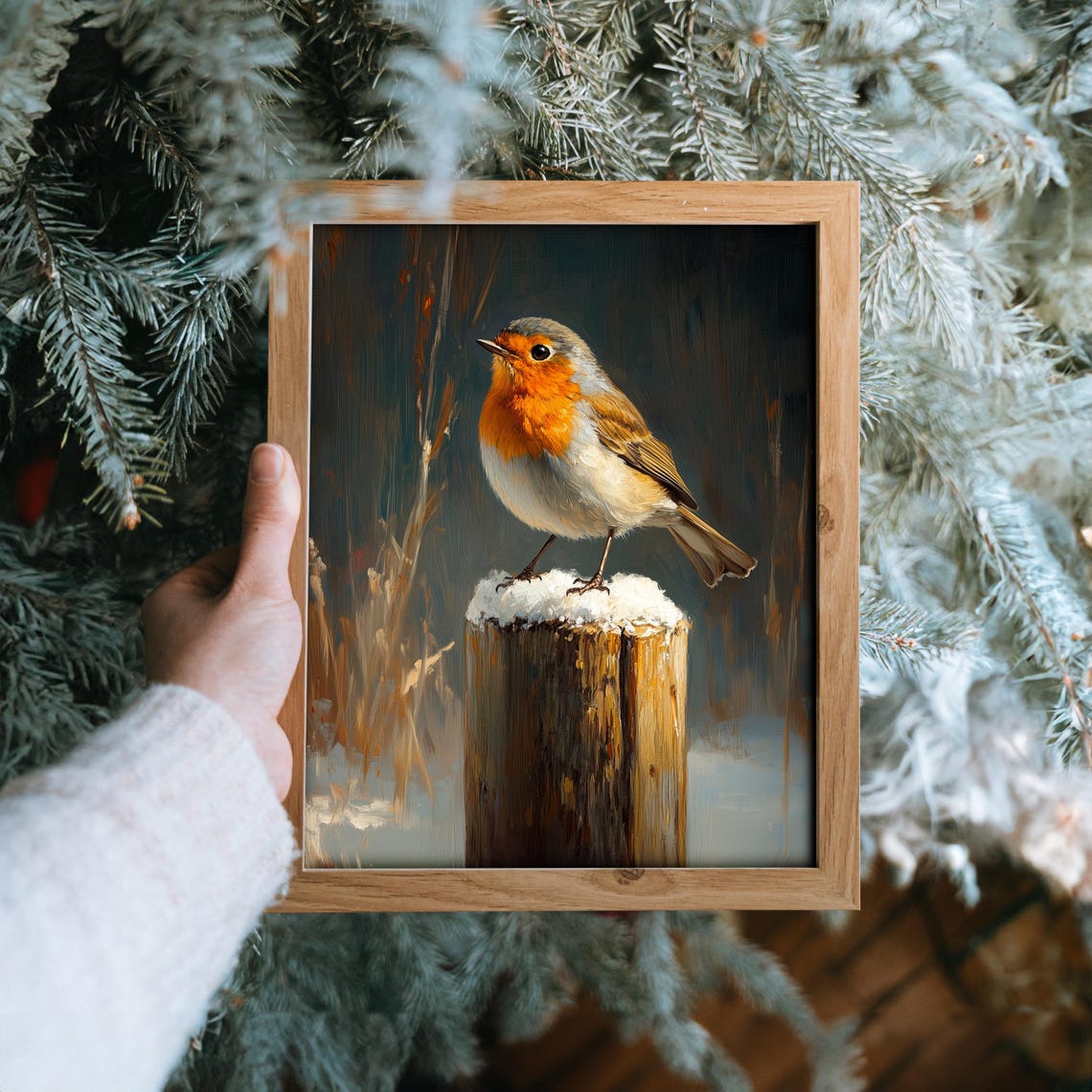 European Robin Perched on a Snow-Covered Fence Post Winter Poster - Image 6
