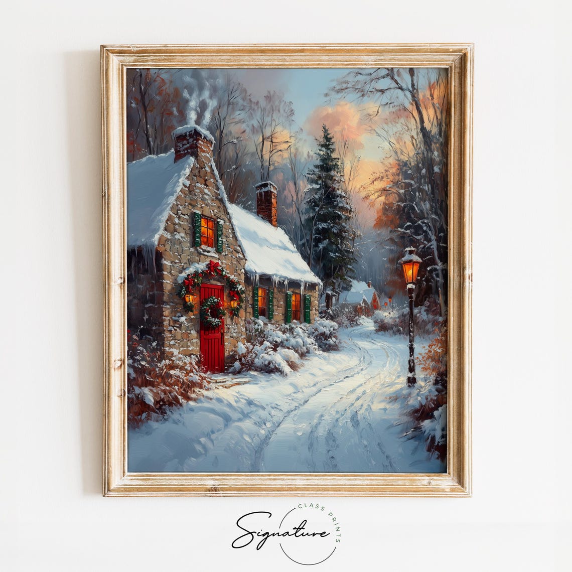 Christmas Cottage with Glowing Windows and Red Door Sunset Poster