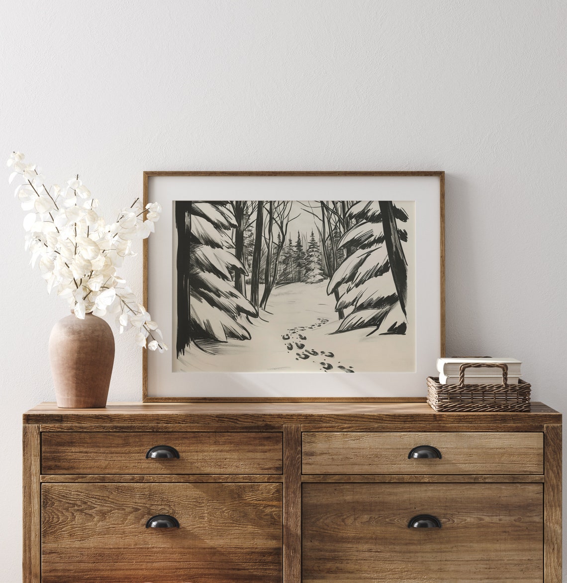 Snowy Path Through Winter Wood With Footprints Sketch Poster - Image 3