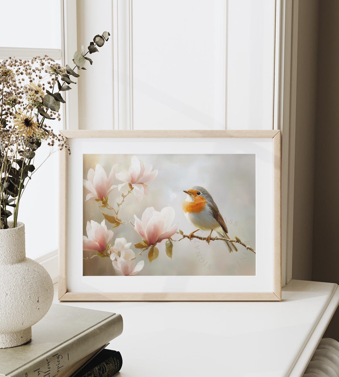 Robin Perched On Magnolia Branch With Soft Pink Blooms Wall Art - Image 6