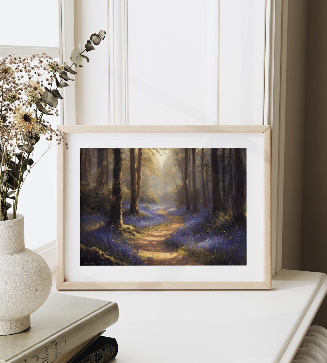 Sunlit Bluebell Wood Path Between Towering Forest Trees Wall Art - Image 6