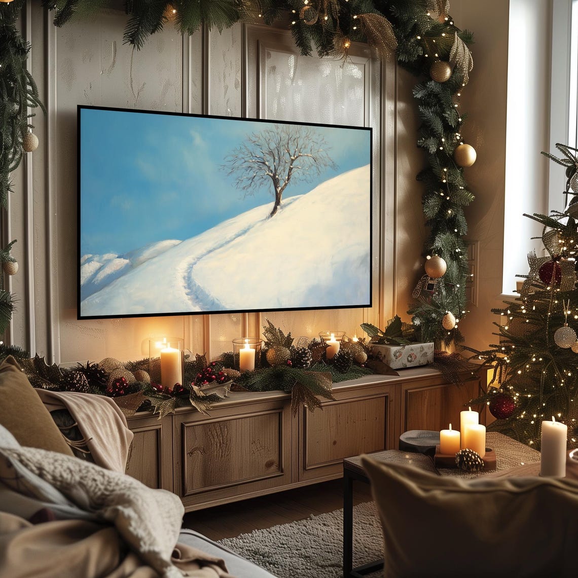 Winding Snow Trail to Lone Tree Winter Hills Landscape Poster - Image 3