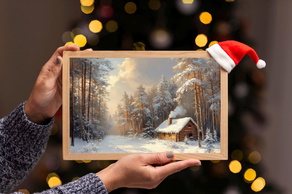 Snowy Log Cabin Deep Winter Forest Sunrise Oil Painting Poster - Image 3