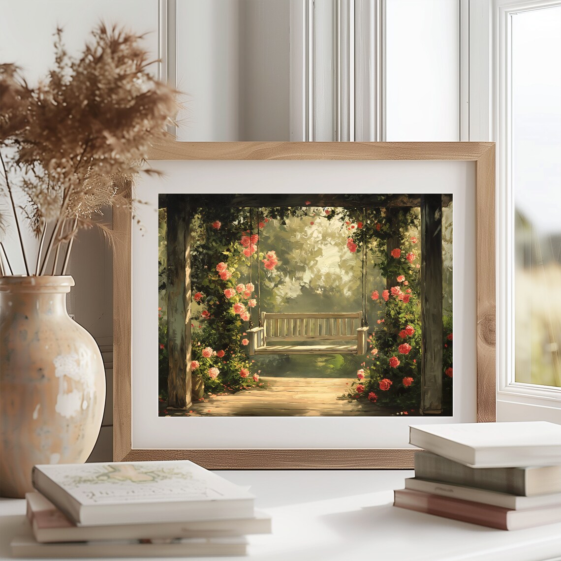 Porch Swing With Climbing Pink Roses Garden Pergola Painting Poster - Image 2