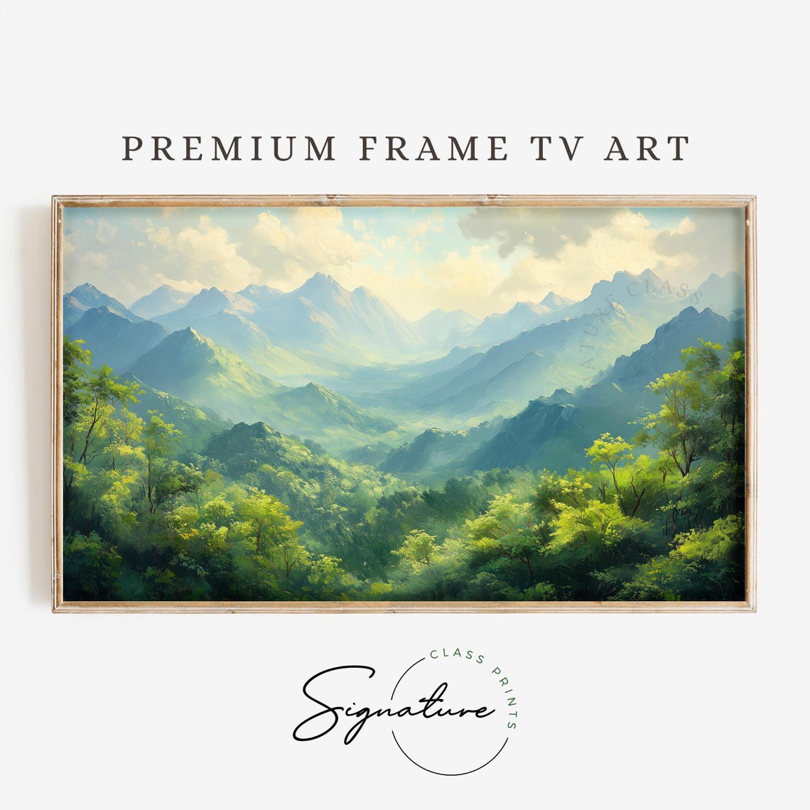 Tropical Green Mountain Range Palm Jungle Misty Blue Peaks Wall Art