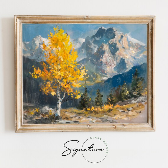 Golden Aspen Tree Before Snowcapped Mountains Autumn Valley Poster