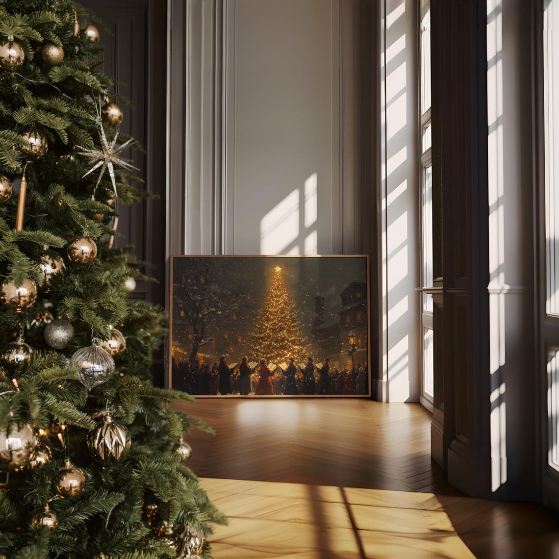 Christmas Carolers Singing Before A Giant Lit Tree At Night Poster - Image 2