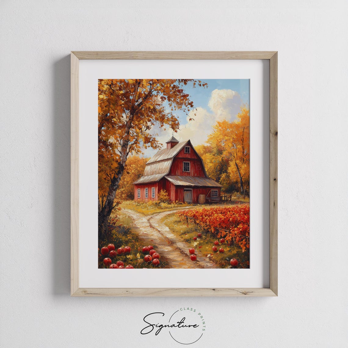 Red Barn With Apple Orchard Path Golden Fall Trees Farm Scene Poster - Image 3