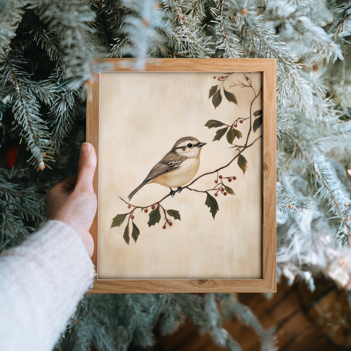 Little Winter Bird on Mistletoe Branch with Red Berries Poster - Image 6