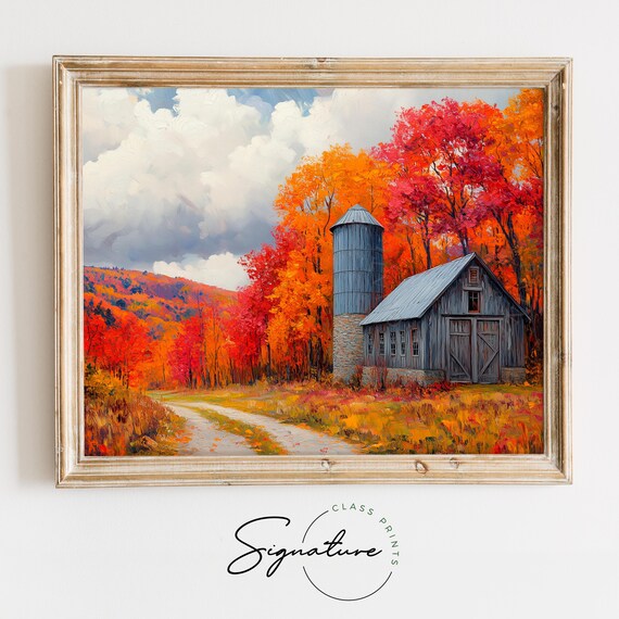 Gray Barn and Stone Silo Among Vivid Red Autumn Foliage Poster