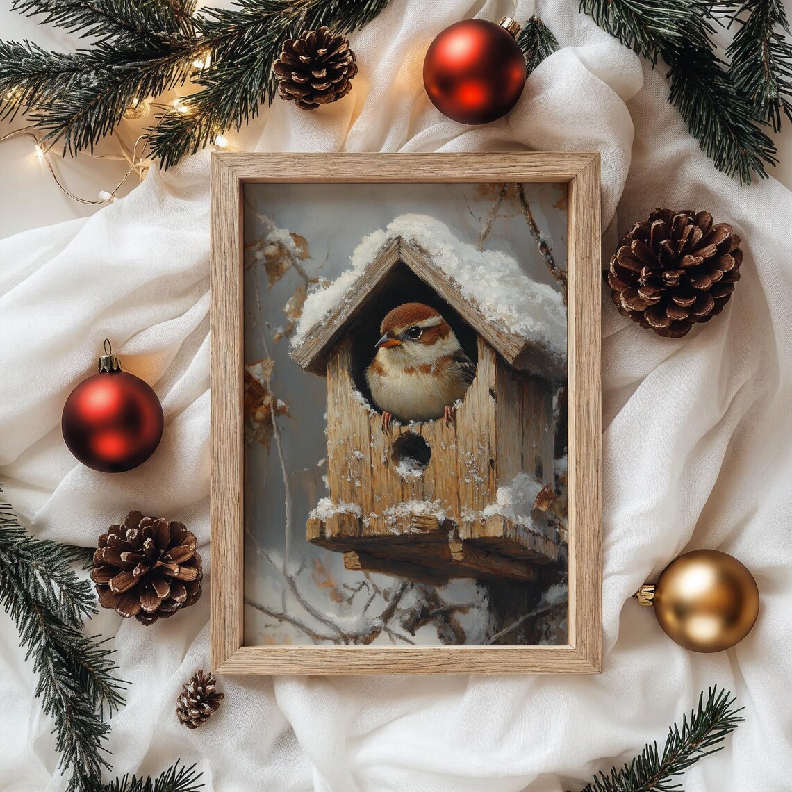 Sparrow Snowy Birdhouse Winter Bird Wildlife Cozy Cottagecore Art Poster - Image 4
