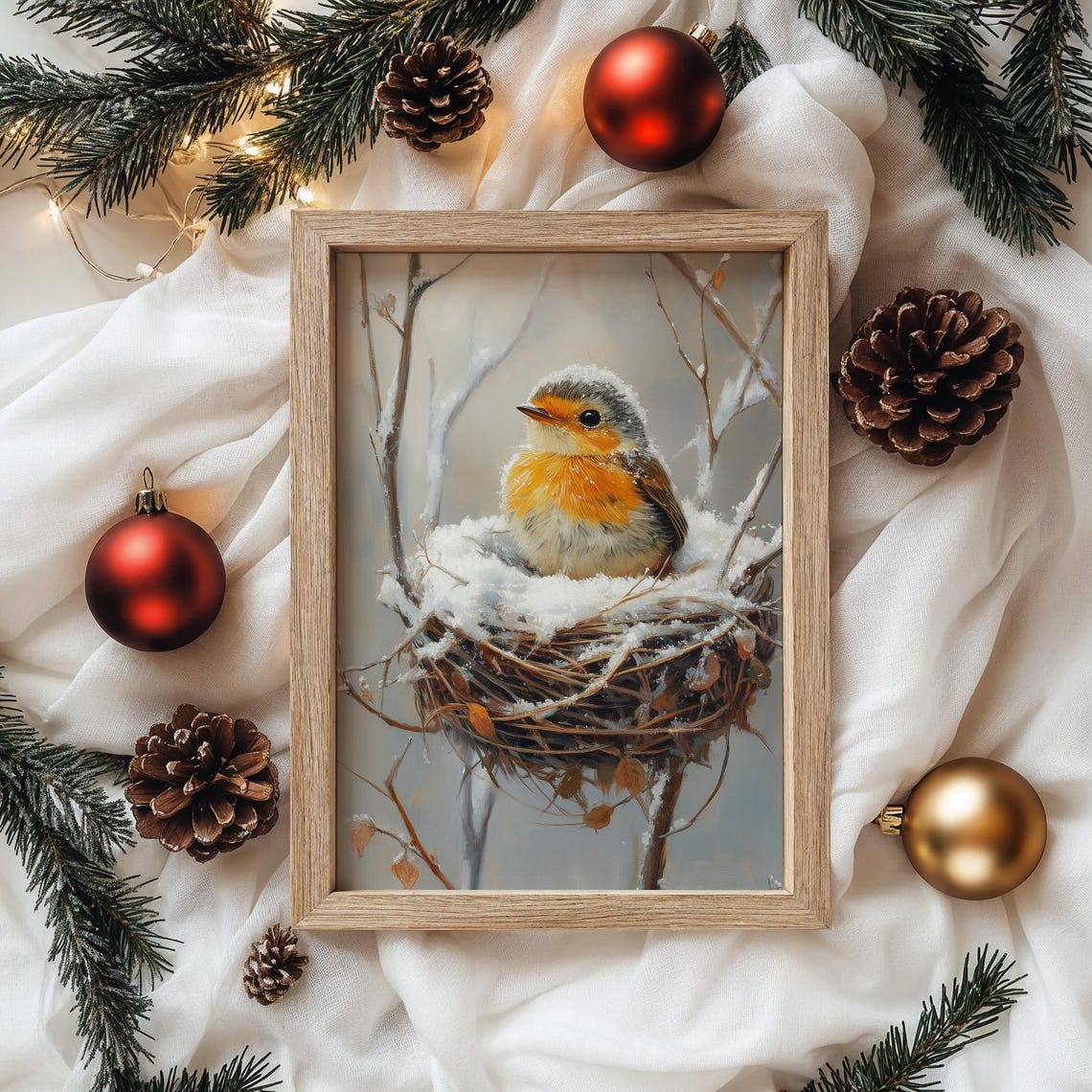 Baby Robin In Snowy Nest With Winter Branches Sweet Bird Art Poster - Image 4