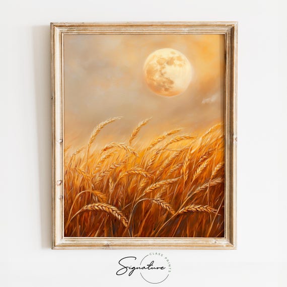 Golden Wheat Field Under Full Moon Moody Fall Landscape Rustic Country Wall Art Earthy Autumn Decor 1741