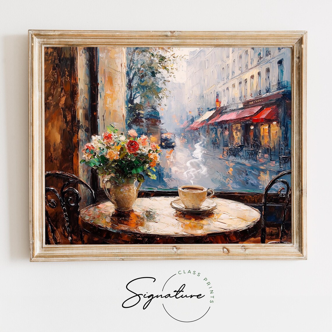 Parisian Cafe Window Coffee Flowers Rainy Street Vintage Travel Poster