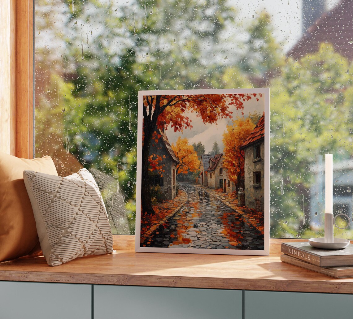 Autumn Cobblestone Street Rain Wet Village Scene Fall Decor Art Poster - Image 2