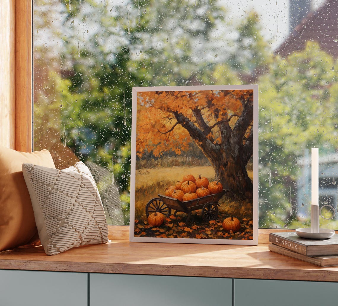 Pumpkin Filled Cart Under Golden Fall Tree Autumn Harvest Poster - Image 2
