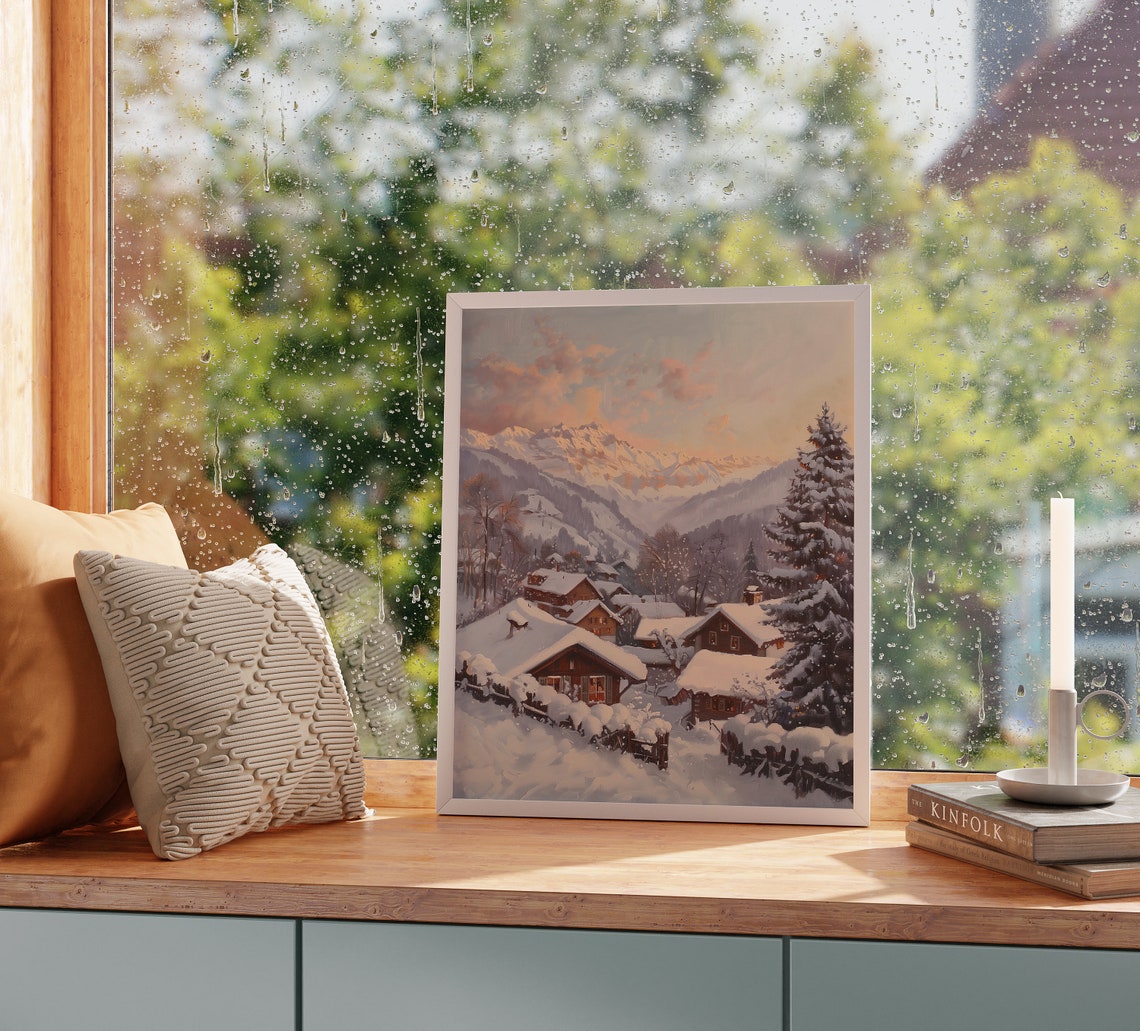 Snowy Alpine Village At Dusk Chalet Lights Winter Evening Poster - Image 2