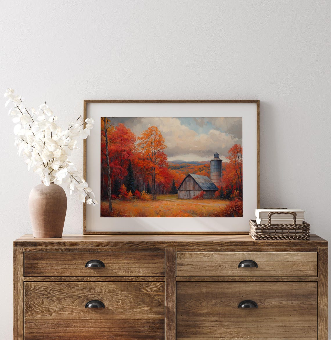 Old Barn and Silo Surrounded by Fiery Red Autumn Trees Poster - Image 3