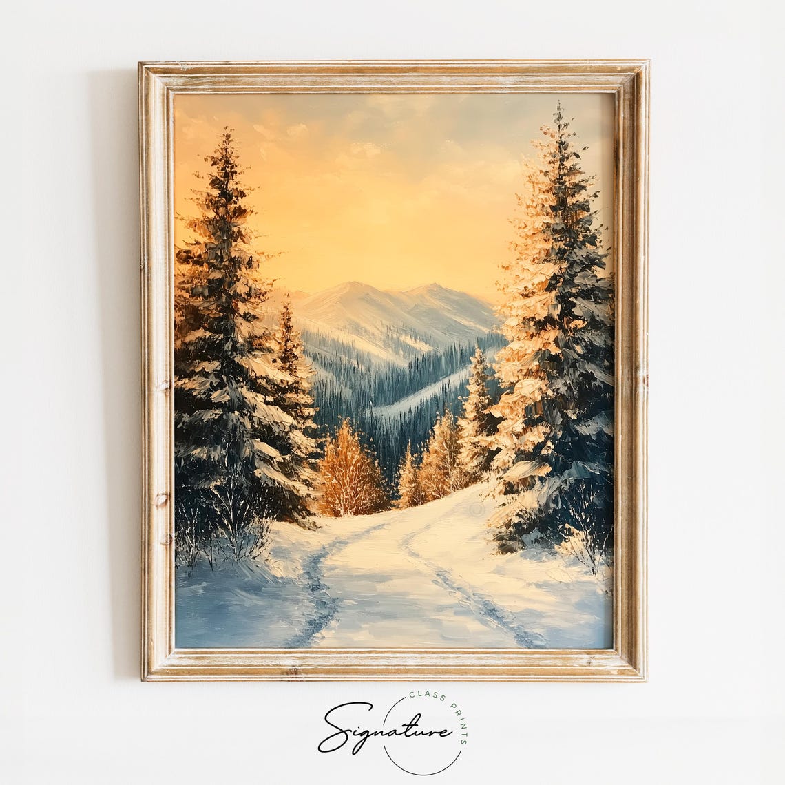 Snowy Woodland Path Through Evergreens in Warm Sunset Glow Poster