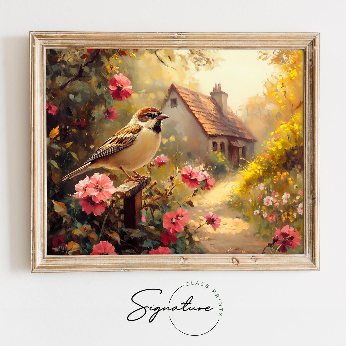Sparrow Resting In Sunlit Flowering Cottage Garden Summer Poster