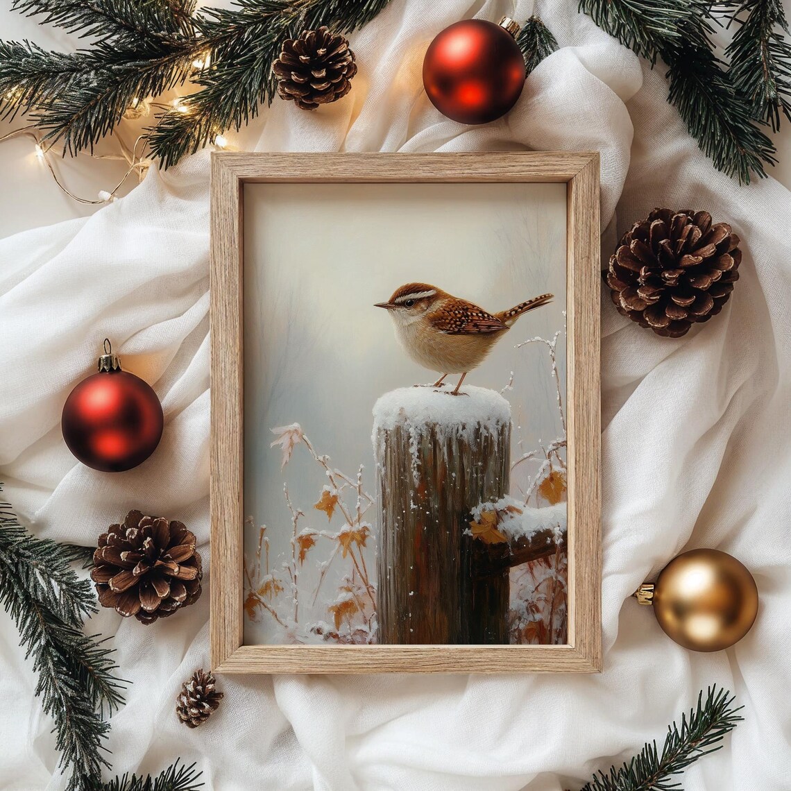 Carolina Wren on Snow Covered Fence Post Winter Wildlife Bird Poster - Image 4