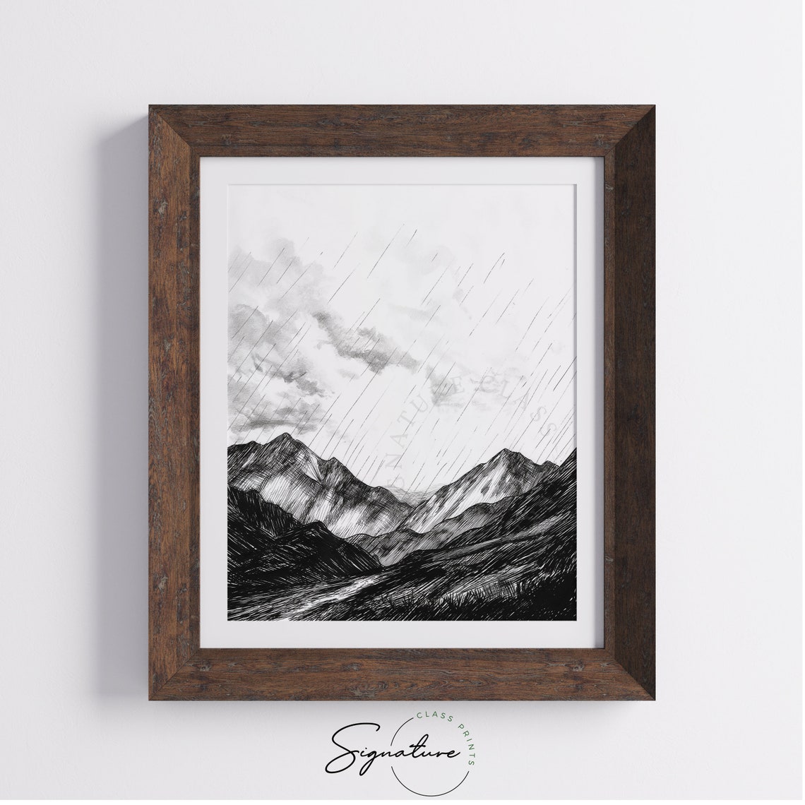 Dramatic Heavy Rain Over Rugged Mountain Range Pen Sketch Poster - Image 4
