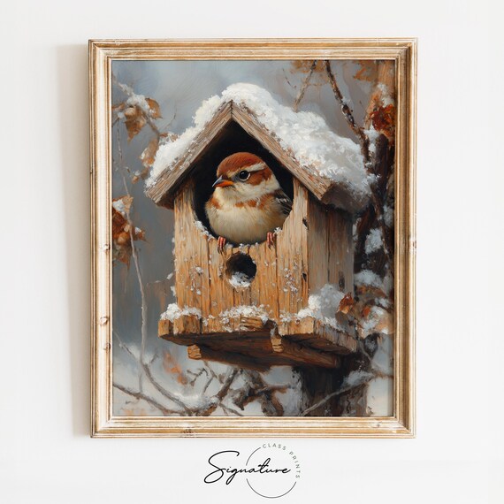 Sparrow Snowy Birdhouse Winter Bird Wildlife Cozy Cottagecore Art Poster