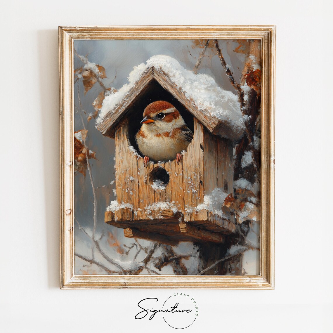 Sparrow Snowy Birdhouse Winter Bird Wildlife Cozy Cottagecore Art Poster