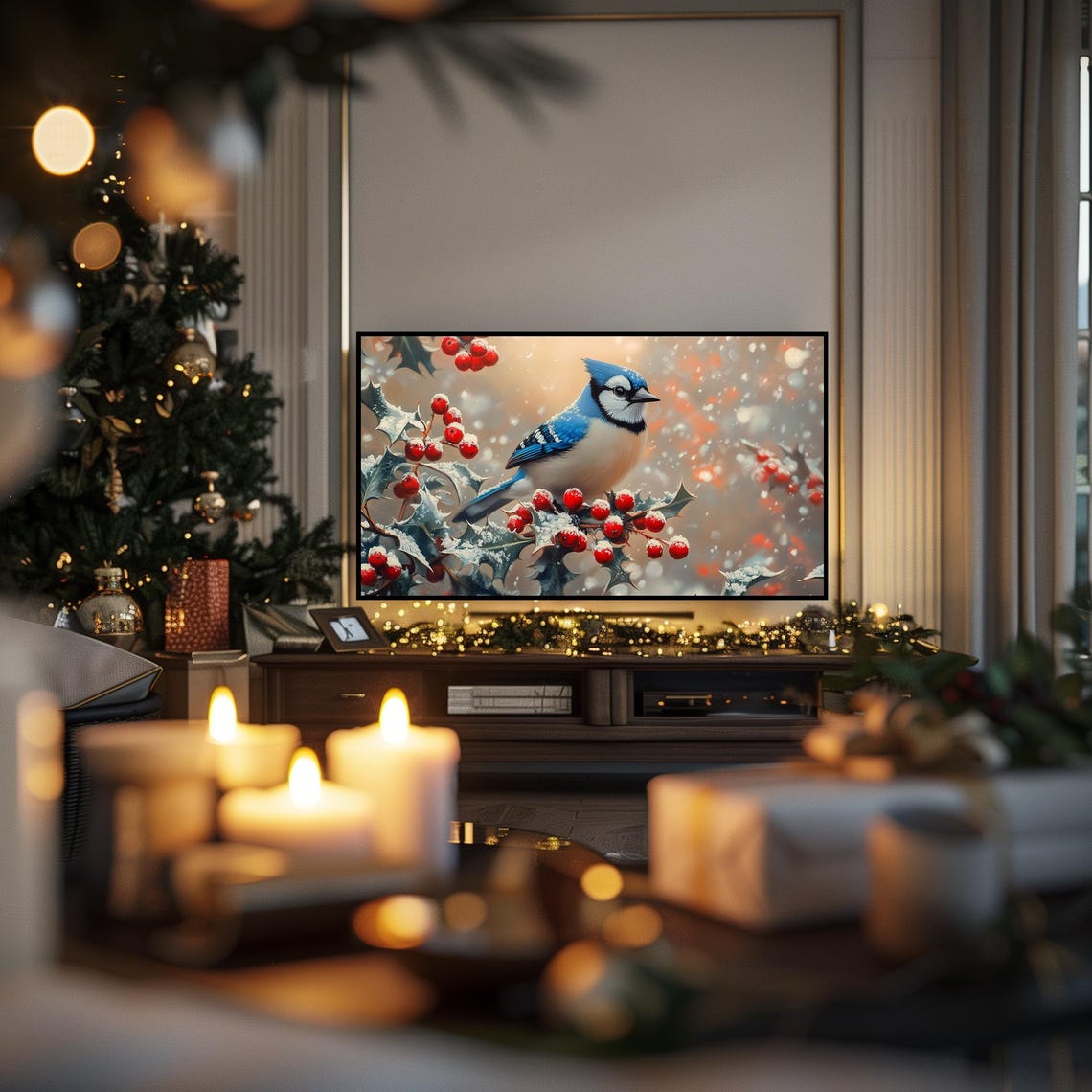 Blue Jay on Snow Covered Holly With Red Berries Winter Bird Poster - Image 6