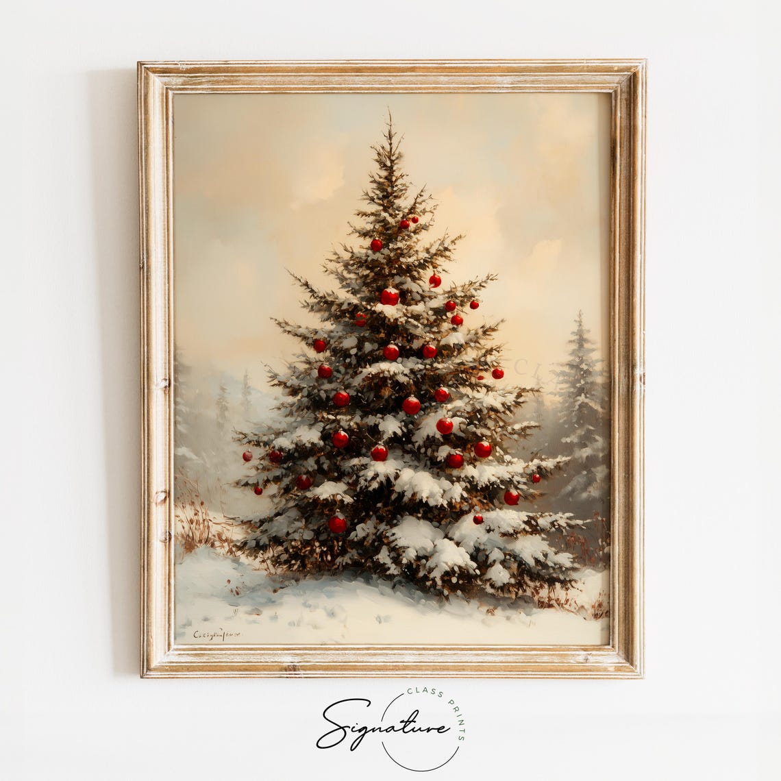 Snow Covered Fir Tree With Red Ornaments Winter Scene Poster