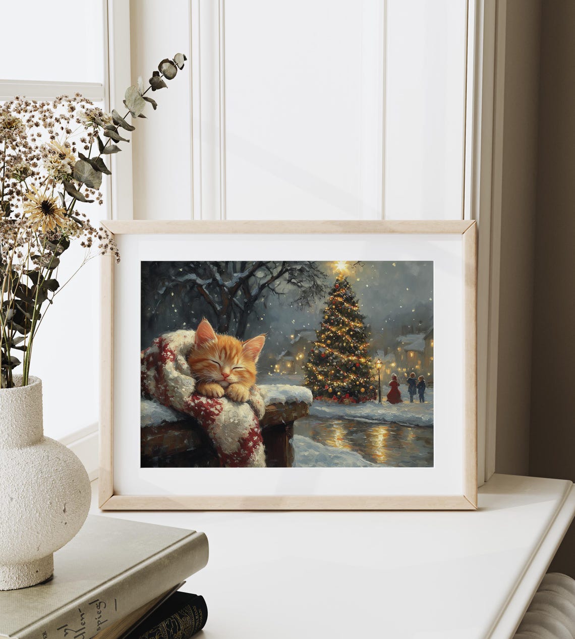 Sleeping Ginger Kitten on Knit Blanket Overlooking Snowy Pond Poster - Image 6