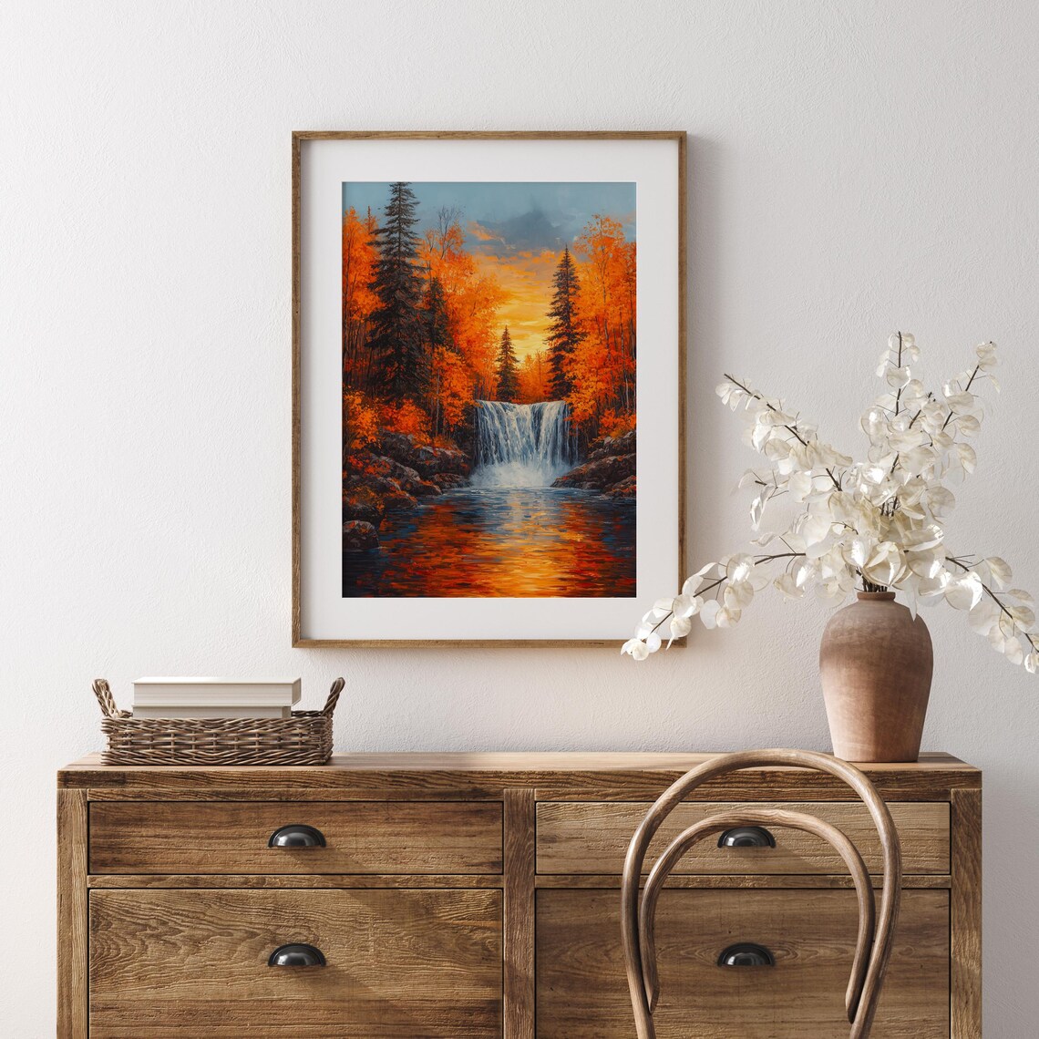 Autumn Waterfall Among Fiery Maples With Glowing Sunset Reflection Wall Art - Image 5