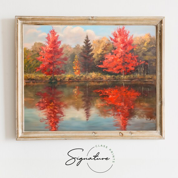 Twin Scarlet Red Maples Reflected In Calm Forest Pond Poster