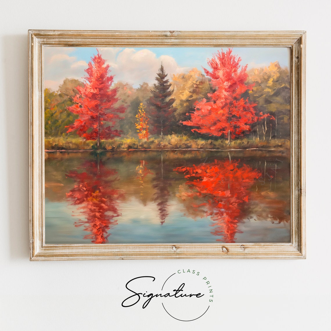 Twin Scarlet Red Maples Reflected In Calm Forest Pond Poster