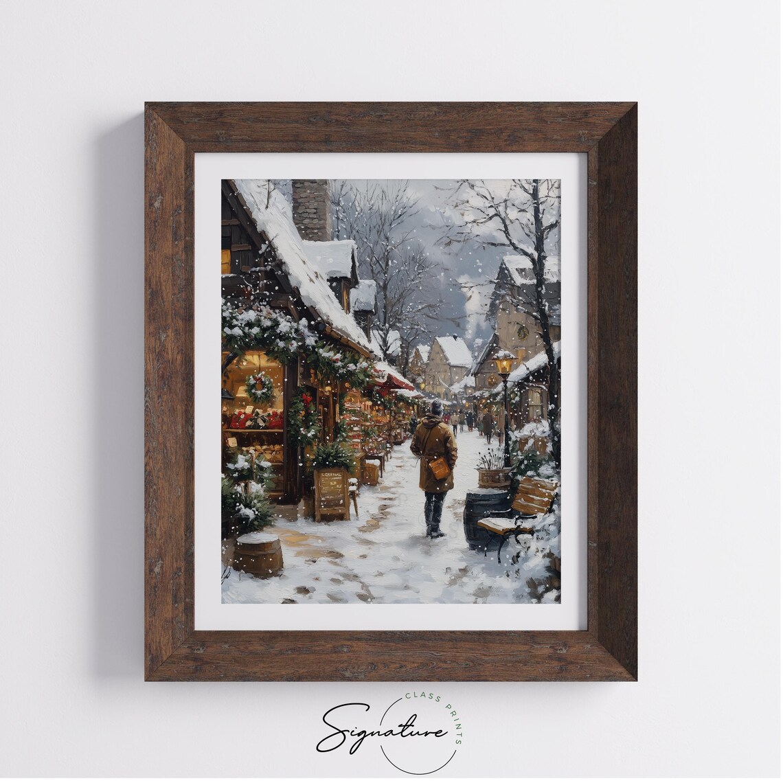 Snowy Christmas Shopping Street with Decorated Stores Holiday Poster - Image 3