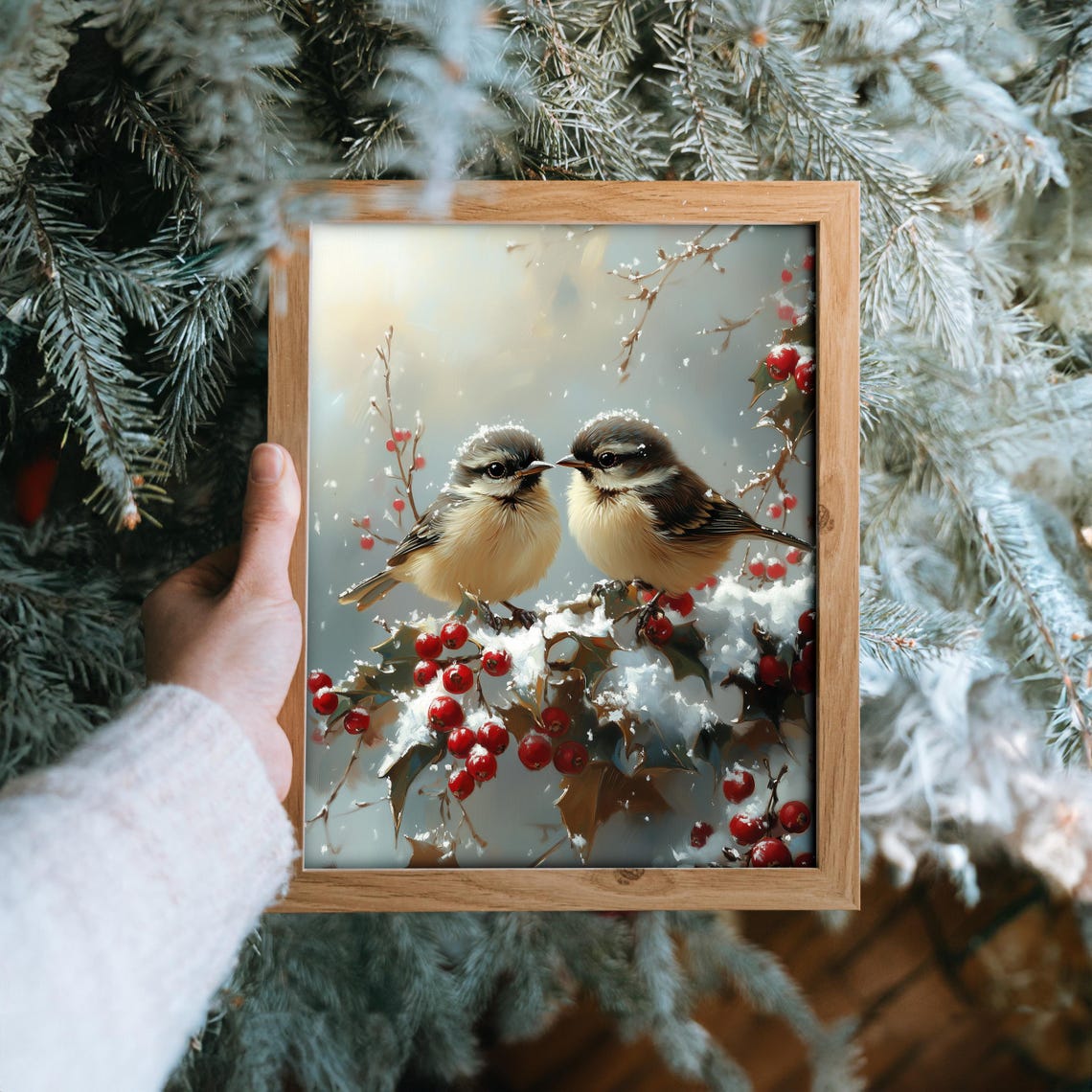 Two Songbirds on Snowy Holly Branch With Red Winter Berries Poster - Image 6