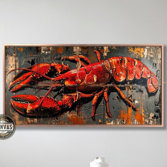 Red Lobster Framed Print Abstract Vibrant Lobster Wall Art Rustic Seafood Painting Print Claws Hard Shell Decor Ready To Hang