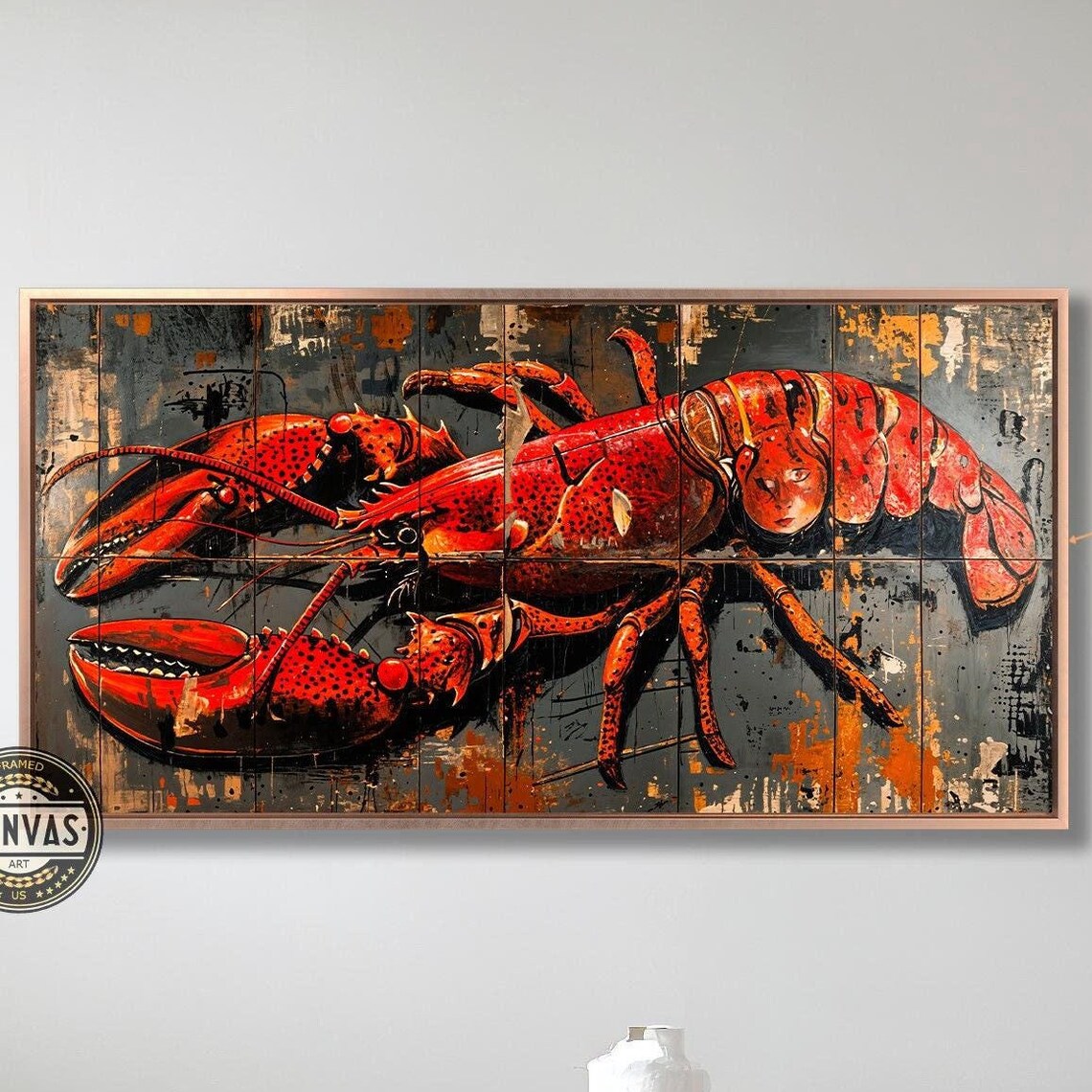 Red Lobster Framed Print Abstract Vibrant Lobster Wall Art Rustic Seafood Painting Print Claws Hard Shell Decor Ready To Hang