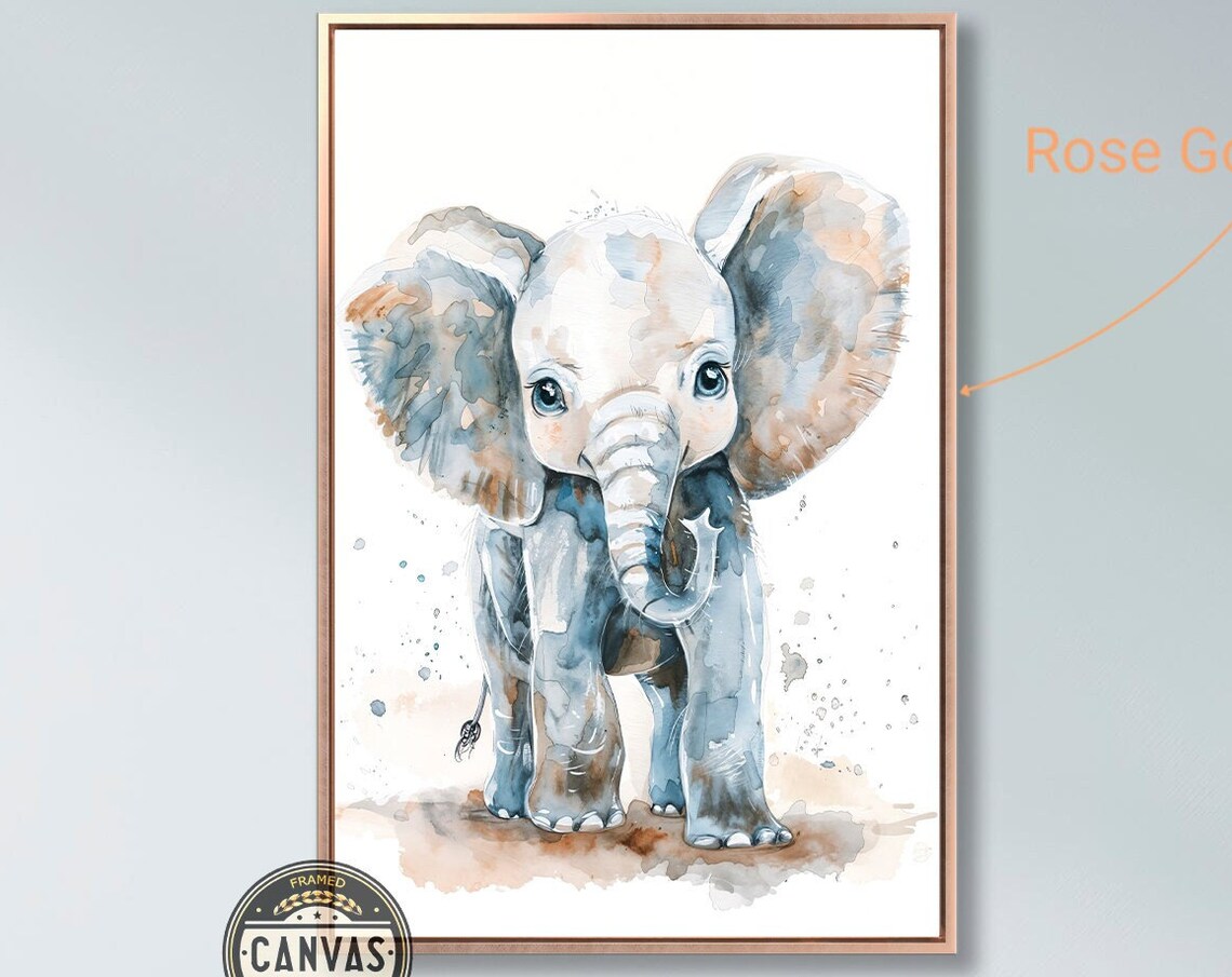 Cute Baby Elephant Blue Watercolor Safari Nursery Animal Art Poster