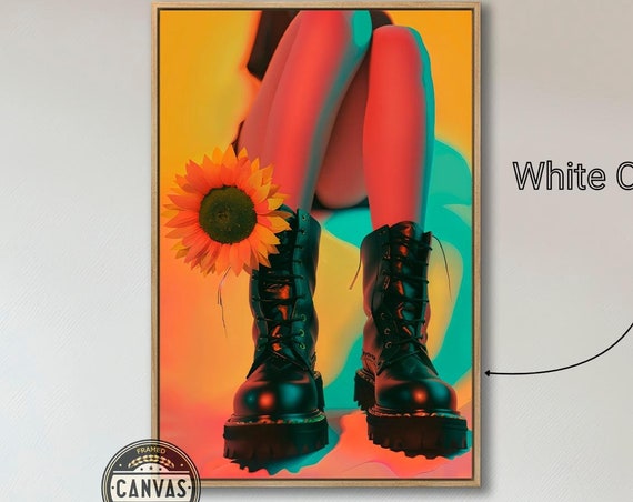 Bold And Colorful Fashion Framed Wall Art Vibrant Sunflower And Boots Art Print Trendy Wall Decor Large Vertical Poster Ready To Hang