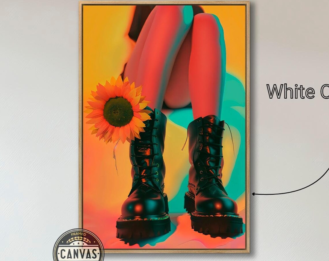 Sunflower And Black Boots Neon Orange Fashion Photography Art Poster