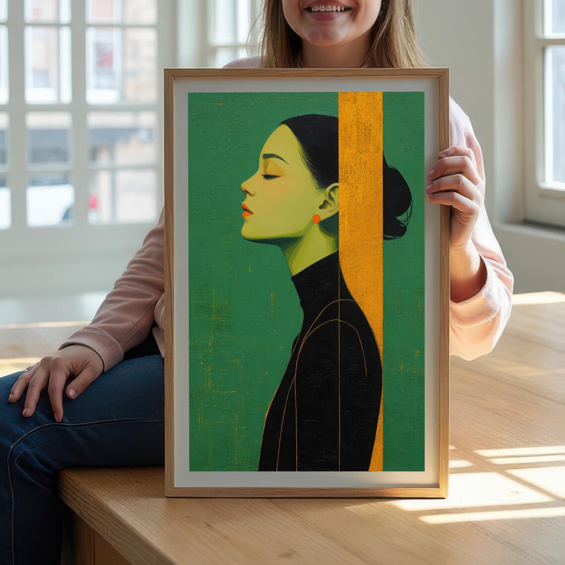 Unique Abstract Woman Portrait Green And Orange Art Modern Figure Illustration Wall Artistic