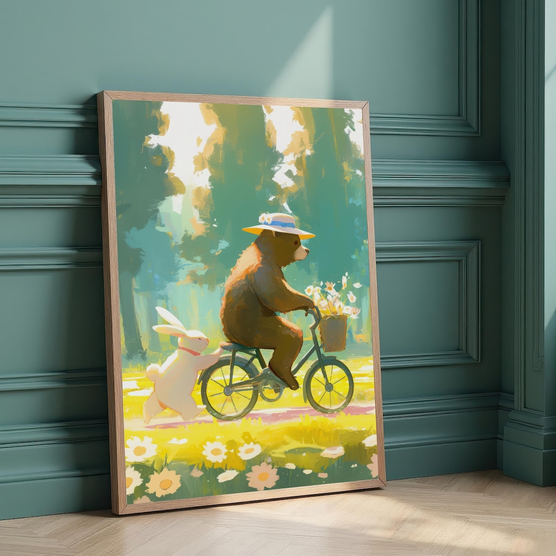 Bear Riding Bicycle With Bunny Flower Basket Whimsical Nursery Art Print