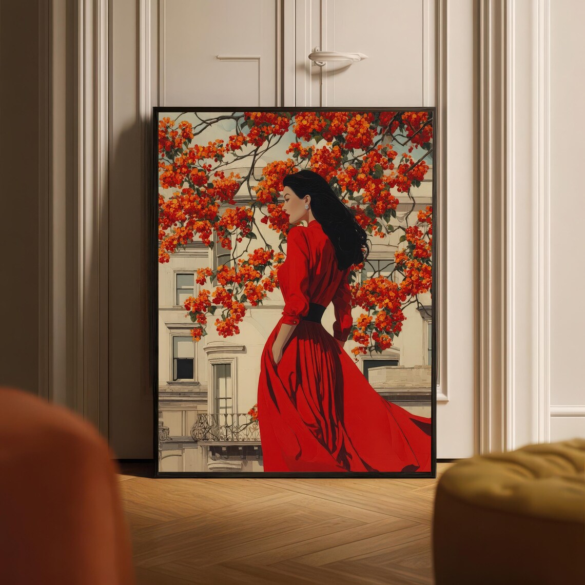 Woman in Red Dress Under Blooming Tree Elegant Fashion Art Poster