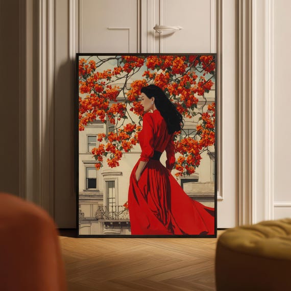 Woman In Red Dress Art Vibrant Floral Elegant Lady Wall Modern Fashion Illustration