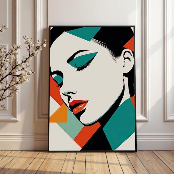 Bold Geometric Pop Art Woman Face Portrait Colorful Modern Deco Style Poster