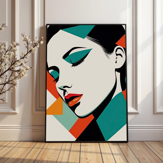 Pop Art Woman Modern Female Portrait Print Bold Colorful Wall Contemporary Geometric Face Poster