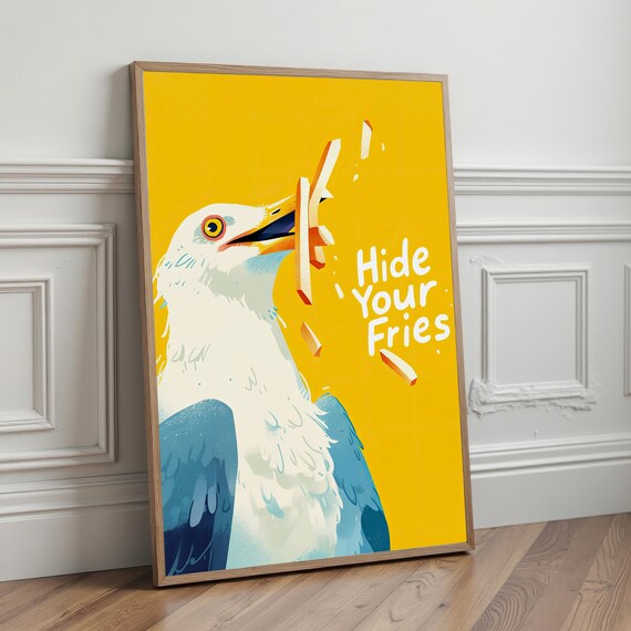 Funny Seagull Stealing Fries Art Humorous Kitchen Wall Decor Coastal Bird Hide Your Print